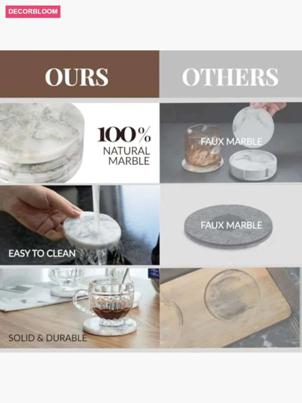 Natural Marble Coaster Set of 4, Round Heat Resistant for Drinks